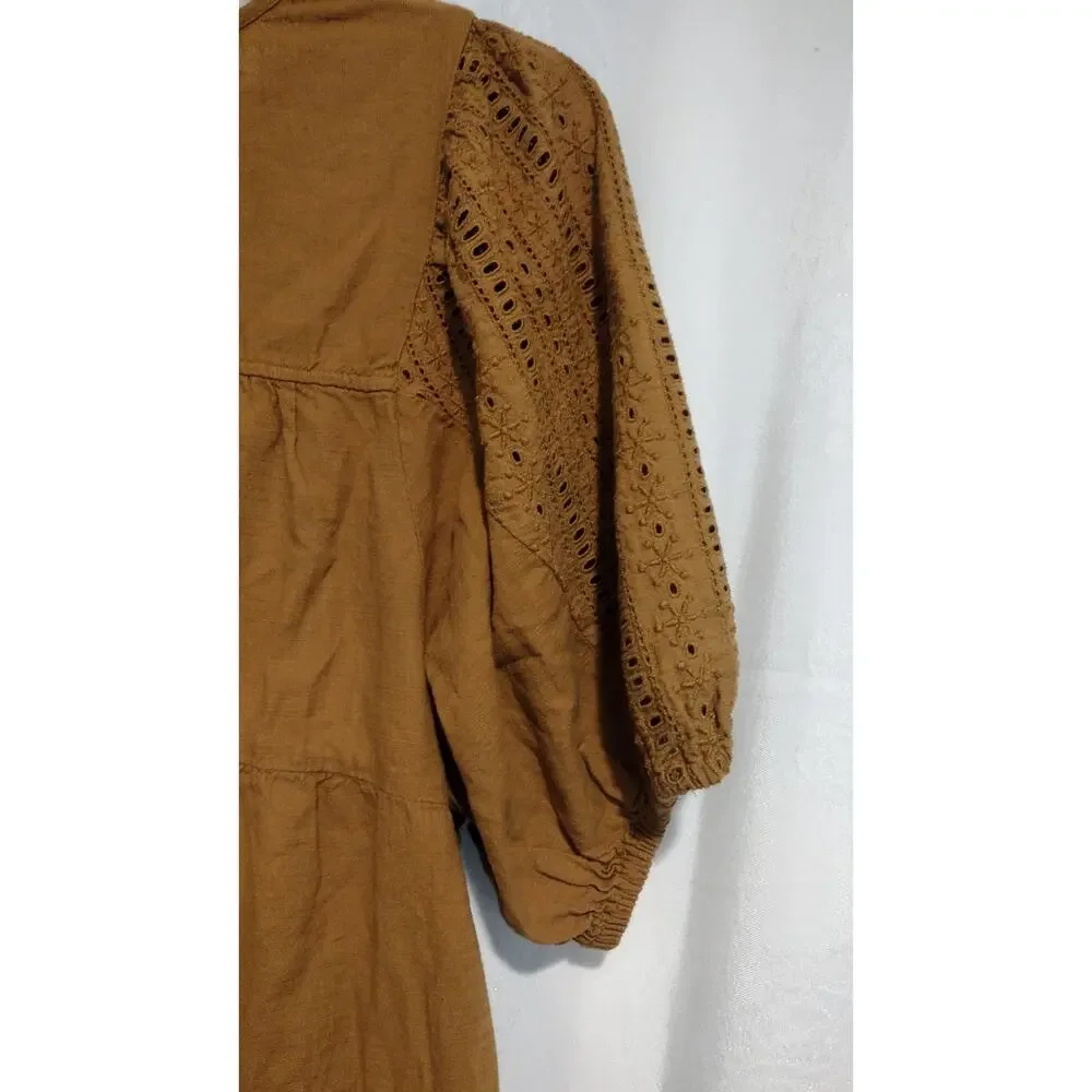 Old Navy XXL Brown Eyelet Peasant Top Puff Sleeves Boho Cottagecore Prairie